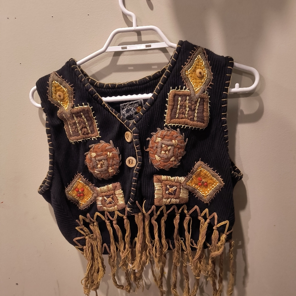 Vintage Joy Joy Embroidered Fringe Vest – Boho Western Festival – Size M